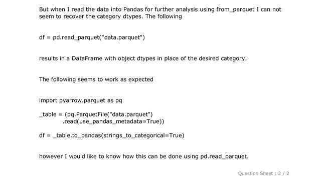Pandas : Pandas DataFrame with categorical columns from a Parquet file using read_parquet? смотреть онлайн