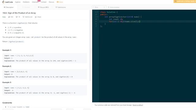 LeetCode | 1822. Sign of the Product of an Array | Easy to Understand | C++ Solution смотреть онлайн