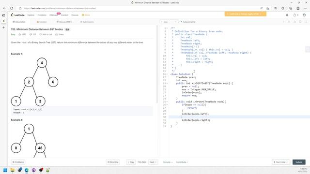 LeetCode 783 | Minimum Distance Between BST Nodes | In order Traversal | Java смотреть онлайн