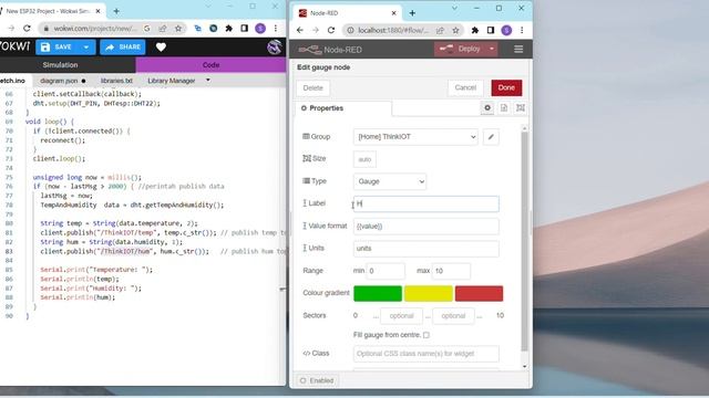 Wokwi ESP32 Simulator : ESP32 + DHT22+MQTT+ Node-RED Dashboard смотреть онлайн