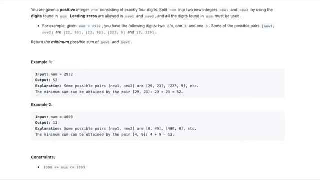 Minimum Sum of Four Digit Number After Splitting Digits - LeetCode 2160 - Java Solution смотреть онлайн