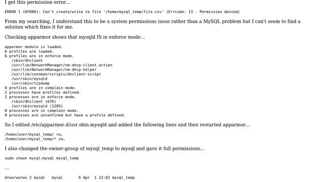 Databases: ERROR 1 (HY000): Can't create/write to file (Errcode: 13 - Permission denied) смотреть онлайн