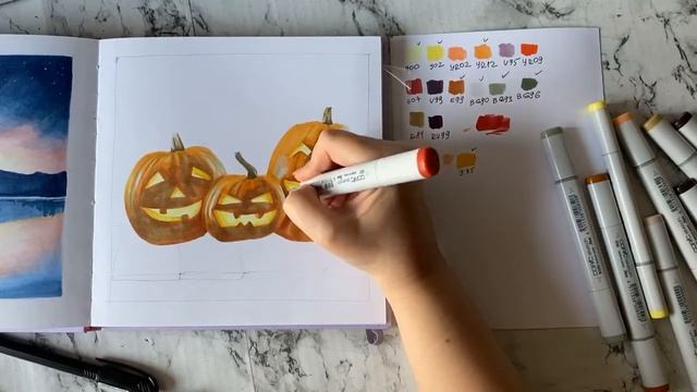 Halloween sketch, рисуем тыквы на Хеллоуин маркерами смотреть онлайн