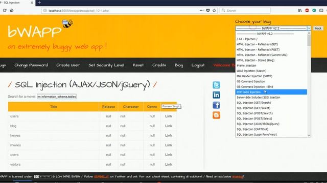 BWAPP SQL INJECTION (AJAX/JSON/JQUERY) AND SQL INJECTION CAPTCHA смотреть онлайн