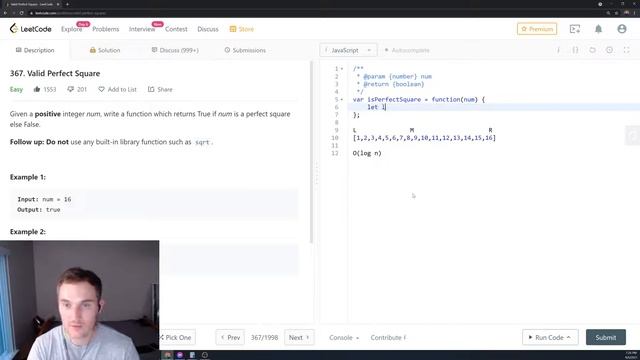 367 Valid Perfect Square LeetCode (Google Interview Question) JavaScript смотреть онлайн