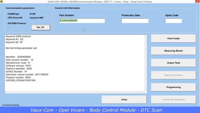 Vaux-Com (Op-Com) - Opel Vivaro - Body Control Module - DTC Scan