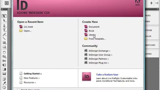 Стартовое меню Adobe InDesign CS4 (4/41) смотреть онлайн