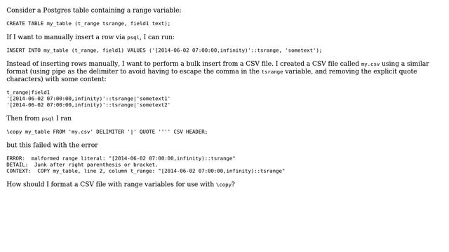 Databases: Postgres copy from CSV: how to format range variables? смотреть онлайн