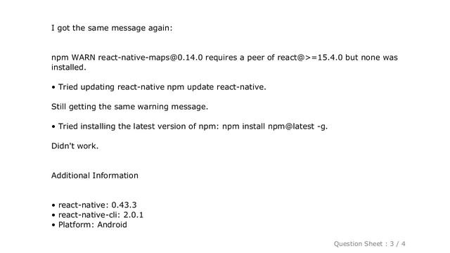 iOS : npm WARN react-native-maps@0.14.0 requires a peer of react@=15.4.0 but none was installed смотреть онлайн