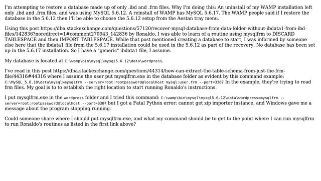 Databases: Need correct mysqlfrm command path to restore a database from .ibd and .frm files смотреть онлайн
