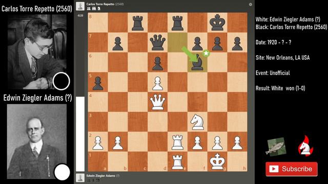 Take my Queen, Please ! | Edwin Ziegler Adams vs Carlos Torre Repetto analyzed by Stockfish | 1920 смотреть онлайн