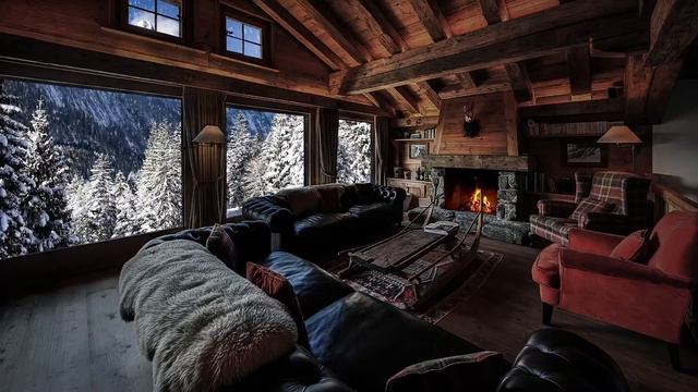 House in the Forest, a burning fireplace and snowfall outside the window смотреть онлайн