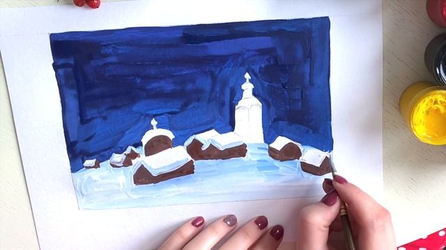 Как нарисовать зиму легко. Рисуем домики в деревне. Уроки рисования смотреть онлайн