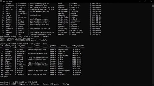 WHERE CLAUSE and AND CLAUSE IN POSTGRESQL смотреть онлайн