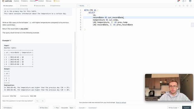 197. Rising Temperature - LeetCode SQL Solution [EASY] смотреть онлайн