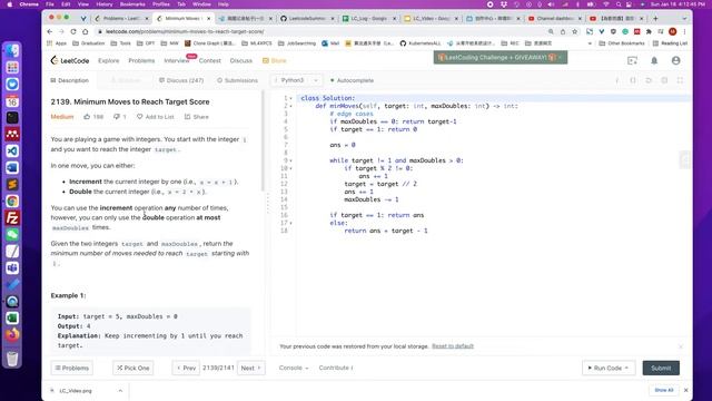 Leetcode 2139.Minimum Moves to Reach Target Score (Python) смотреть онлайн