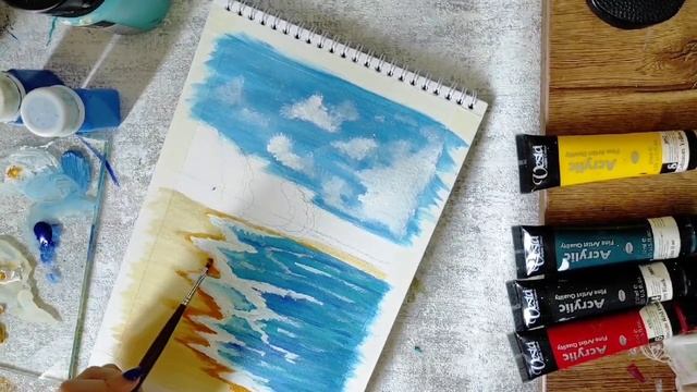 How to draw an acrylic painting of a beach scene؟/wave painting tutorial acrylic смотреть онлайн