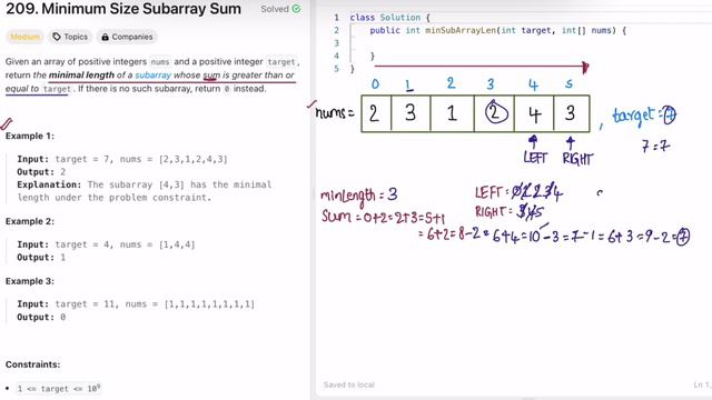 Leetcode | 209. Minimum Size Subarray Sum | Medium | Java Solution смотреть онлайн
