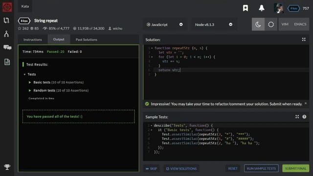 Codewars: String repeat (8 kyu) TDD in JavaScript смотреть онлайн