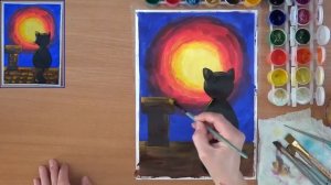 Как нарисовать кота на крыше. Просто для детей. Гуашь