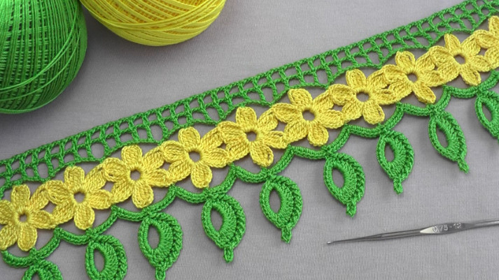 Вязание крючком: Цветочное ленточное кружево, кайма, обвязка края изделия смотреть онлайн