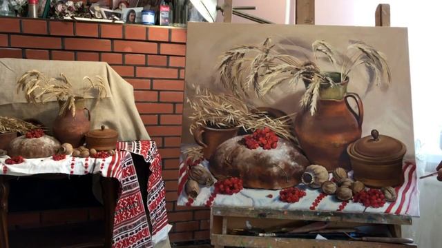 Как написать хлеб на рушнике . Живопись маслом, натюрморт с натуры смотреть онлайн