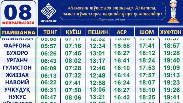 8 Fevral Namoz Vaqtlari / 5 Mahal Namoz Vaqtlari / Kunlik Namoz Vaqtlari / кунлик намоз вактлари