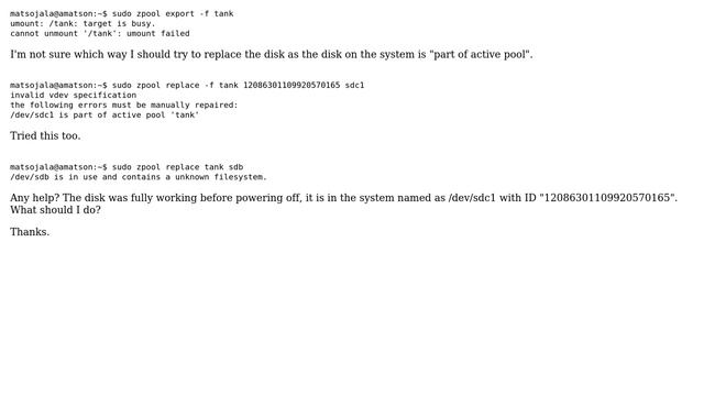 DevOps & SysAdmins: ZFS pool degraded with faulted disk, export and replace not working смотреть онлайн