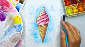 Как нарисовать мороженое в рожке акварелью поэтапно. Акварель для начинающих