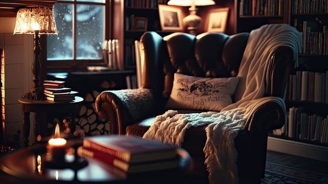 Уютная атмосфера для чтения кожаное кресло, ревущее пламя и снегопад на улице смотреть онлайн