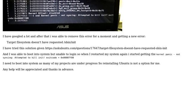 Ubuntu: Kernel Panic - not syncing - Attempted to kill init ! exit code 0x00007f00 смотреть онлайн