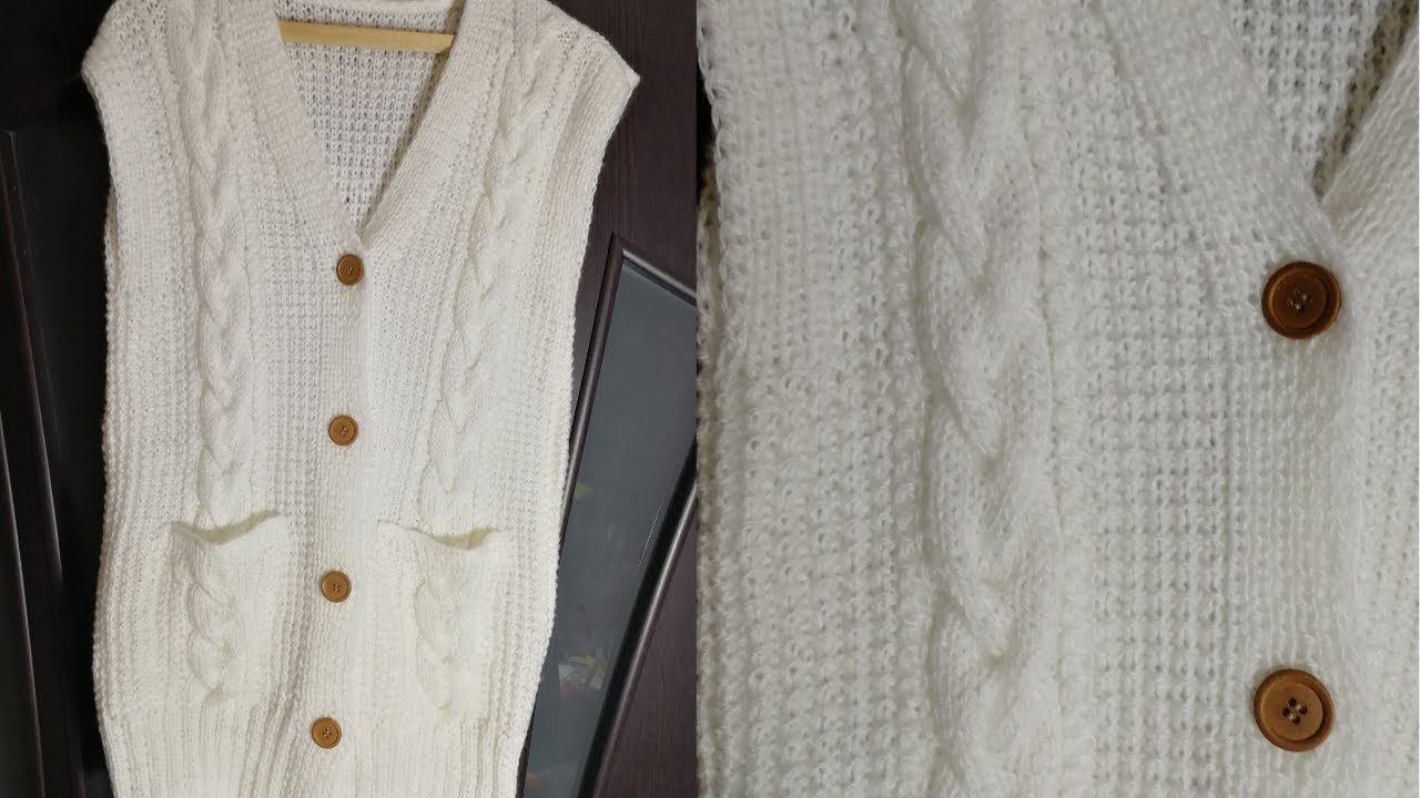 Простой удлиненный жилет с карманами спицами смотреть онлайн