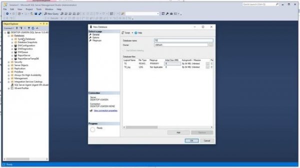 Работа с MS SQL Server Management Studio. Создание новой базы данных.