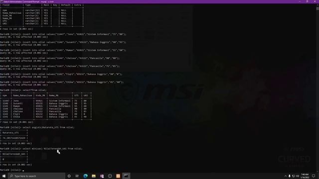 Menghitung Nilai Rata Rata UTS-UAS Menggunakan Sum,min,count,AVG CMD Mysql 2022 смотреть онлайн