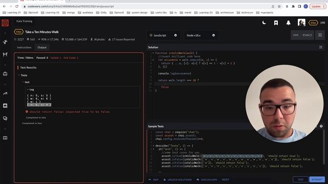 Codewars JavaScript, решение задачи Take a Ten Minute Walk смотреть онлайн