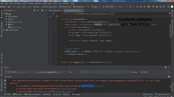 Android Studio error| getFilter()' on a null object reference