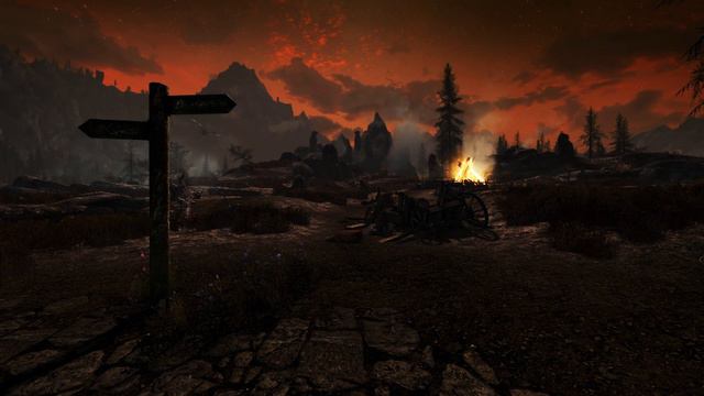 Skyrim's scenery 1 hour [ 4K ] - Sunset ( Bonfire background with dragon ) смотреть онлайн
