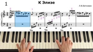 К Элизе Бетховен подробный разбор по нотам 1 часть на фортепиано, пианино | как играть к Элизе