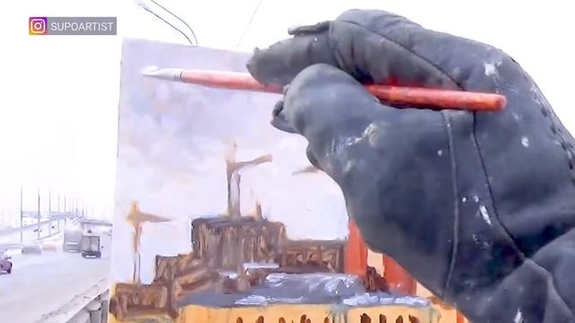 Картина маслом пейзаж. Рисую зимний город в снегопад смотреть онлайн
