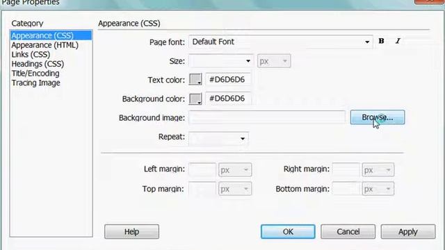Установка опций фона web-страницы в Adobe Dreamweaver CS4 (15/51) смотреть онлайн