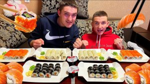 Кто быстрее съест 3 кг суши. Большой сет роллов на двоих. Кто первый съест много еды
