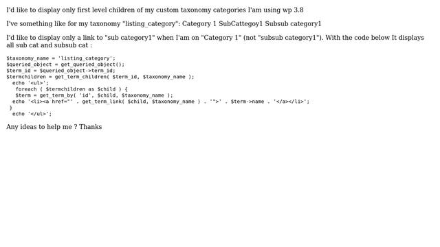 Wordpress: Display only first level children of my custom taxonomy categories смотреть онлайн