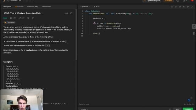 The K Weakest Rows in a Matrix | 1337 Leetcode | Python3 смотреть онлайн