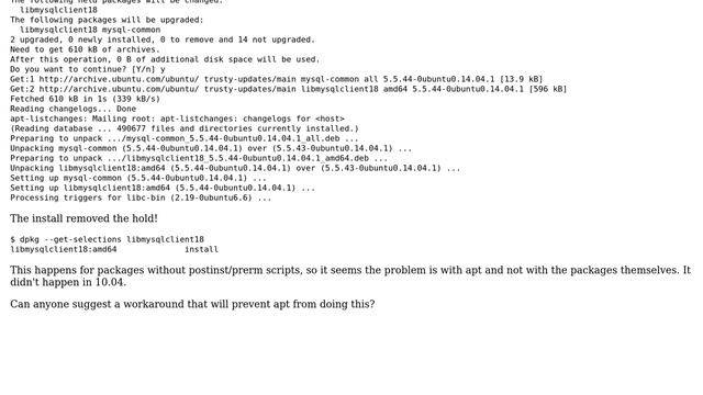 Ubuntu: How to prevent apt-get install from removing package holds? смотреть онлайн