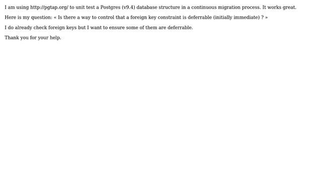 PgTap, unit test a foreign key is deferrable смотреть онлайн