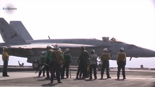 F-18 Hornets Landing/Takeoff from Navy Aircraft Carrier CVN 77 смотреть онлайн