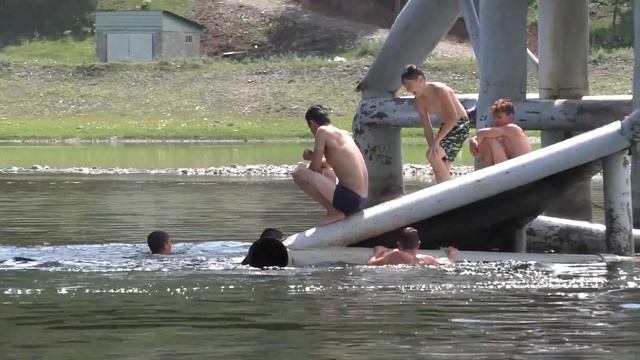 Хорошо в деревне летом. Братик учит сестрёнку плавать. Дети прыгают с моста. смотреть онлайн