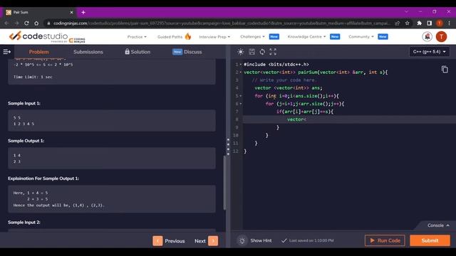Pair Sum (C++) || Code Studio смотреть онлайн