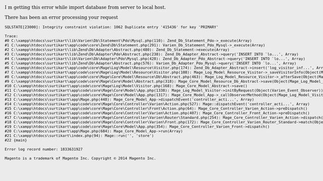 SQLSTATE[23000]: Integrity constraint violation: 1062 Duplicate entry '415436' for key 'PRIMARY' смотреть онлайн