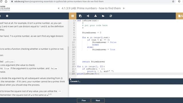 Python Essentials 4.1.3.9 Prime Numbers смотреть онлайн